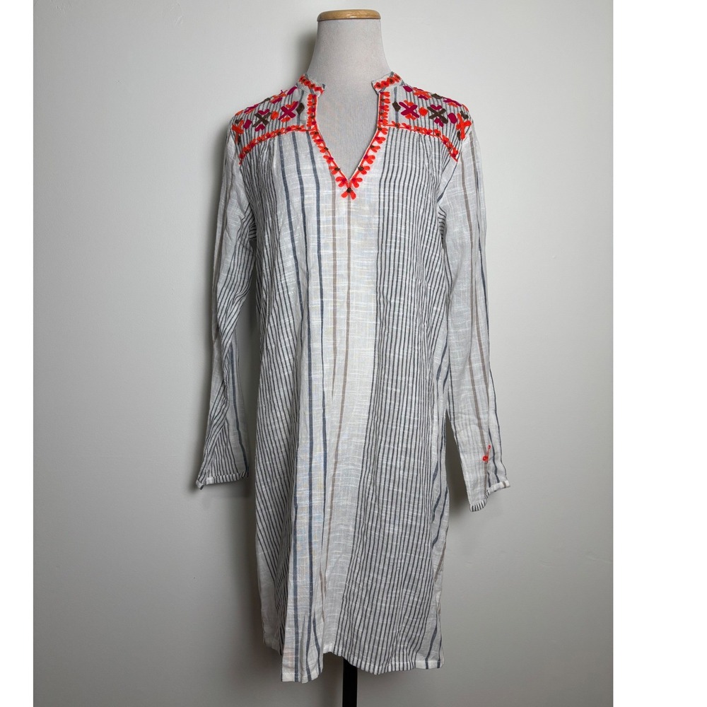 Gallabia Womens Embroidered Cotton Tunic Dress M Coastal Boho Resort Cover-Up